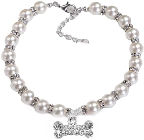 Haustier-Perlen-Halskette, verstellbar, Diamant-Nieten, Hundeknochen-Anhänger, Hundeschmuck, Halsband, Weiß