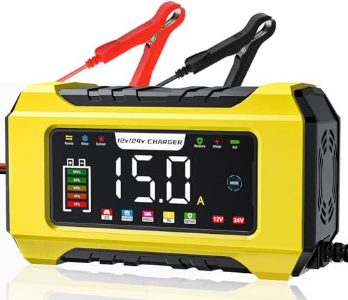 15A Autobatterie Ladegerät, 12V 24V Batterie Ladegerät 9-stufiges Intelligentes Ladegerat Autobatteri mit LCD-Bildschirm für Auto, AGM, Gel Blei-Säure-Batterien und LiFePO4-Batterien
