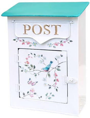 WANGJIANPENGPL Vintage-Briefkasten zur Wandmontage, Briefkästen mit Nostalgischem Charme für Draußen, Postkasten aus Metall im Antiken Stil Gartenblumenmuster 23 x 13 x 31 cm