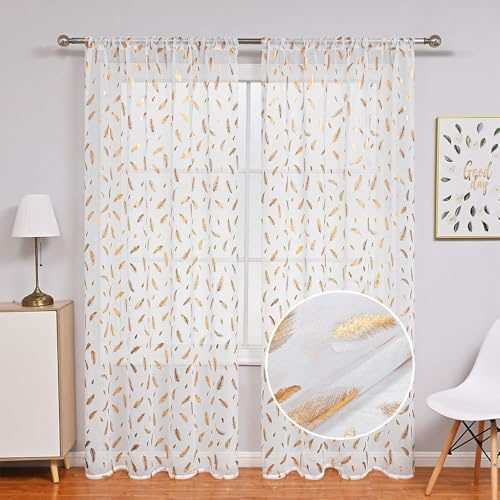 Lukery Weiß Transparent Vorhänge Wohnzimmer 2er Set, Goldene Feder Lang Halbtransparent Gardinen Vorhänge Durchsichtig für Fenster Küche Wohnzimmer Landhaus (Weißgold,100x200cm)