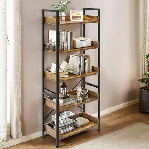 YITAHOME Bücherregal mit 5 Ebenen, Bodenstehende Standregal mit stabilem Stahlrahmen, Regaleinheit, Industrielles Aufbewahrungsregal mit 4 Haken, für Wohnzimmer, Heimbüro, Vintagebraun Lagerregale