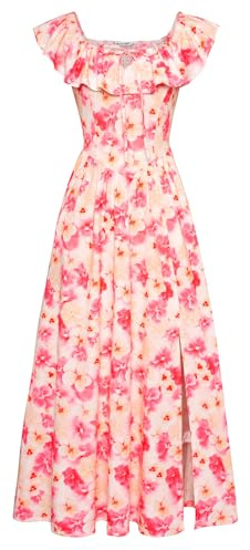 GRACE KARIN Women Summer Maxi Dress Casual Floral Wedding Guest Dresses A-line Split Square Neck Sundress with Pockets Red Yellow Floral L