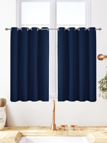 VEHEDE Blackou Short Small Window Curtains 33 Inch Drop, Eyelet Thermal Insulated Navy Curtain for Cafe, Soft Kitchen Curtains, Bedroom Curtain & Drapes, W46 x L33 Inch, Navy Blue, 2 Panels