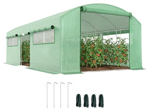 Outsunny 6 x 3 x 2m Polytunnel Greenhouse with 3 Roll-up Doors and Mesh Windows, Walk-in Garden Tunnel Warm House Tent with UV-resistant PE Cover and Galvanised Steel Frame, Green