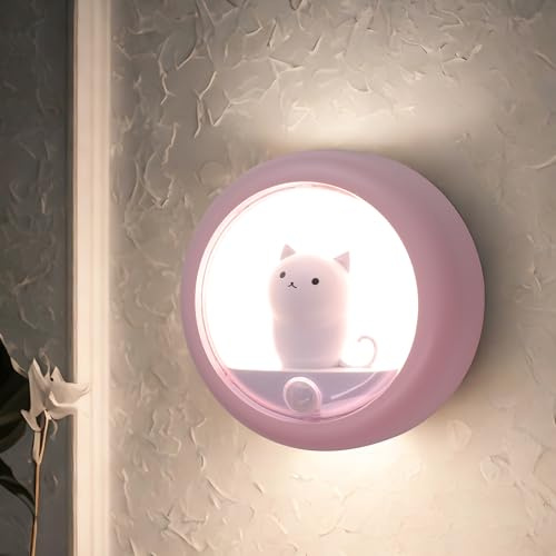Attivolife Cat Motion Sensor Night Light, Magnetic Rechargeable Locker Wall Lamp with Dimmable, Portable Warm White LED Bedroom Light, Cute Decor for Girl Bathroom Hallway Stair Kitchen Wardrobe
