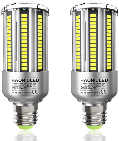 HAONIULED 32W E27 LED Lampe mit Bewegungsmelder und Dämmerungssensor, Ersetzt 300W Halogenlampe, 4500lm 6500K Kaltweiß Glühbirnen, Automatisch ein/aus,Abstrahlwinkel 360°,Nicht Dimmbar, 2er Pack