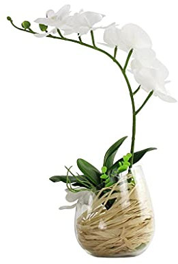 Set di Fiori Artificiali, Orchidea Bianca in Seta Artificiale con Vaso di Vetro, pianta in Vaso di plastica Phalaenopsis, per la Decorazione dell'ufficio Domestico (Dimensioni: Grande) (Grande)