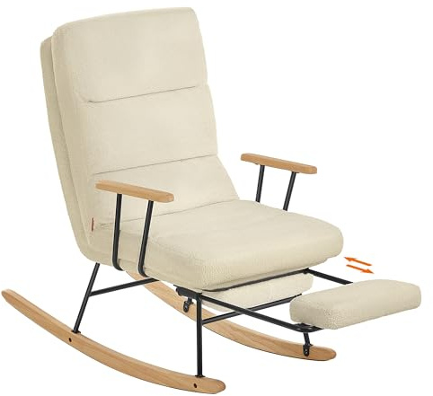 SONGMICS HOME Schaukelstuhl, Füße aus Kautschukholz, Schaukelsessel, Fleece Oberfläche, 4-Fach verstellbare Rückenlehne, bis 160 kg belastbar, für Schlafzimmer, Wohnzimmer, Kamelbraun LYY016LJ01