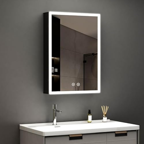 WDWRITTI LED Spiegelschrank mit Beleuchtung 40x60x12.5cm Badezimmerschrank, Bad Metall Badschrank Medizinschrank Spiegel Kabinett mit 3-Farben Dimmbar, Beschlagfrei, Glasablage
