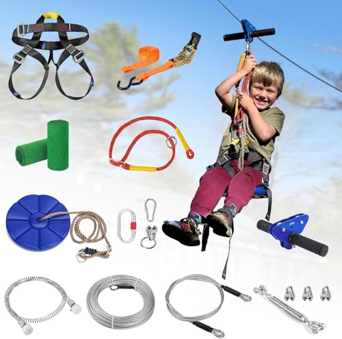 CTSC Set teleferica giocattolo per famiglie da giardino, teleferica per bambini esterni 38m, con freno a molla in acciaio inox, carrucola trolley, cintura di sicurezza, divertimento colorato e