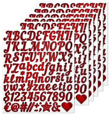 Auroriel 6 Fogli Rossi Luccicanti Autoadesivi Lettere Vinile Sticker Alfabeto Numeri Simboli DIY Lettere Adesive per Matrimoni Compleanni Porta Cassetta di Posta Decorazi