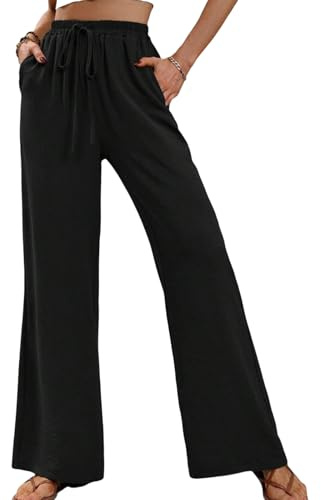 JiaYouLC Women Linen Trousers with Pockets Summer Wide Leg Casual Pants High Waisted Drawstring Trousers for Sports Running Joggers (UK, Alpha, XL, Regular, Regular, Black)