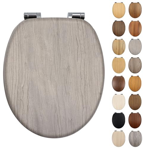 Fanmitrk Standard Wooden Toilet Seat Soft Close, MDF Adjustable Hinges with Bottom Fixture,Easy to Clean and Install for Bathroom(JHE100-3-01A)