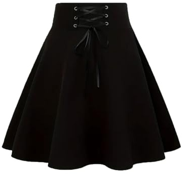 Women's High Waisted Skater Skirt with Corset Lacing - Elegant A-line Skirt for a Gothic Look Short Swing Plate Skirt in Black, style_y01 black, XL