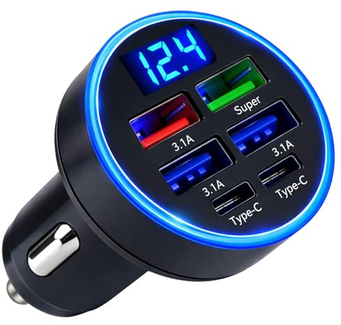LED USB Car Charger Adapter 6 In 1, 2 Type-C Ports Plus 4 USB Ports | 6-Port 12/24V Fast USB Car Charger, Cigarette Lighter USB Charger with Led Voltmeter, Compatible with Most Mobile Phones