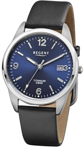REGENT F-1680 Reloj para hombre titanio gris azul Sunray dial correa de cuero negro 36 mm cuarzo 5 ATM