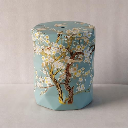 JDPYURV Taburete de Jardín de Cerámica Pintado a Mano con Motivo Urraca y Flor de Ciruelo, Taburete Tambor Chino Interior/Exterior, Decorativo para Salón y Terraza(Blue)