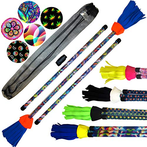 Pro Bâton de Fleur Art-Deco (5 désign) Flower Stick Set Coeur de la Fibre, Ultra-Grip Silicone & Incassable Arbre Fibre + bâtons en Bois! Bâton du Diable, Flowerstick Bâtons de Jonglage! (Spectrum)