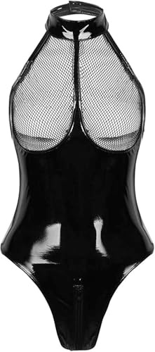 Gain Love Sexy Women's Plus Size Lingerie PVC Leather Mesh Bra Wetlook Halter Neck One Piece Clubwear Teddy Bodysuit (X-Large)
