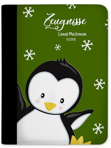 CreaDesign Zeugnismappe A4 mit Namen personalisiert – Pinguin Grün – für Jungen – Dokumentenmappe Schule ohne Klarsichthüllen