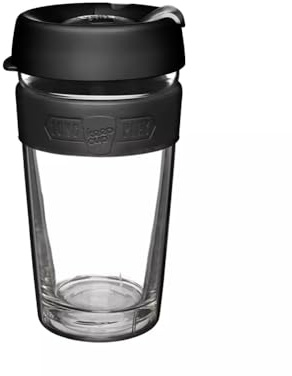 KeepCup Longplay - Reusable Coffee Cup, Tempered Glass Cup with a Removable Clear Tritan Plastic Sleeve and splashproof Sipper lid - 16oz/454ml - Black