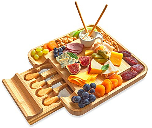 RoyalHouse Bamboo Cheese Board and Knife Set with Slide-Out Cutlery Drawer - Charcuterie Boards Set & Cheese Platter - Birthday Gifts for Women, Wedding Gifts for Couples 2025, Bridal Shower Gifts