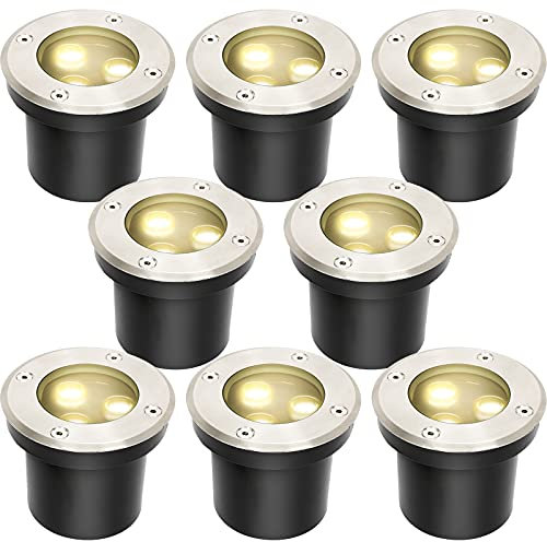 Lospitch Confezione da 8 faretti da terra, luce da terra a LED rotonda da 3 W che può essere carrabile, illuminazione da giardino per esterni impermeabile IP67 per vialetto del balcone del giardino