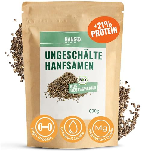 HANS Brainfood Bio Hanfsamen ungeschält - Ballaststoffreich - Natürliche Eiweiß, Omega 3 & Magnesium Quelle ohne Zusatzstoffe | Superfood vegan aus Bayern | Hanfprotein mit Eisen und Vitamin E | 800g