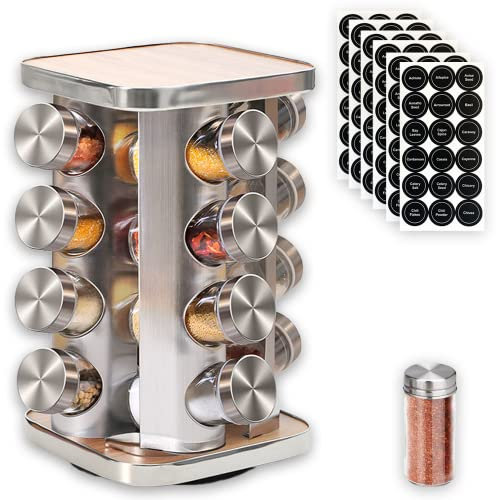 Revolving Countertop Spice Rack, 16 Jars Stainless Steel Rotating Seasoning Storage Organizer for Cabinet, Spice Carousel Tower for Kitchen