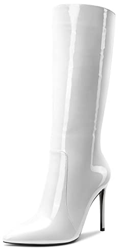 Aachcol Mujer Aguja Alto High Heel Caña Media Botas Cremallera Cerrado el Dedo del pie Puntiaguada Punta Dress Zapatos Charol Blanco 10 CM 38 EU