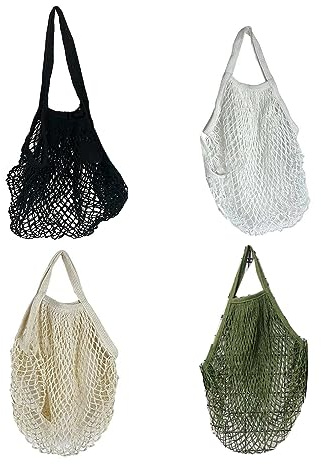 Eowppue 4 Reusable Grocery Mesh Bags - Portable and Washable Cotton String Shopping Bag with Long Handle - Multi-Colored - Retro Style - Set of 4 - Ideal for Fruit and Vegetable Storage