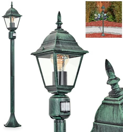 HOFSTEIN Außenstehleuchte Naofe, Außenwegeleuchte mit Bewegungsmelder aus Metall/Glas in Schwarz-Grün/Klar, Wegeleuchte im Landhaus/Antik/Vintage-Design für Garten, Außenbereich, Hof, 116cm, E27, IP44