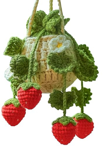 Car Hanging Accessories - Cute Crochet Strawberry Plant 5.5x3.2 Inch Portable Mirror Decor for Drivers