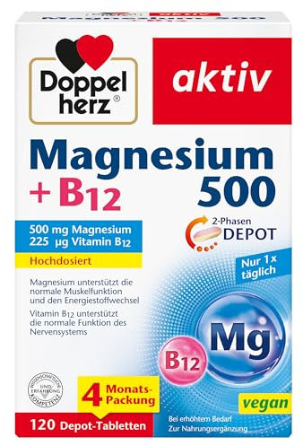 Doppelherz Magnesium 500 + B12 2-Phasen - Hochdosiert mit 500 mg Magnesium pro Depot-Tablette - vegan - 120 Tabletten
