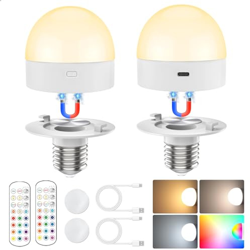 Lampadina ricaricabile a batteria con telecomando e cavo di tipo C, lampadina LED rimovibile dimmerabile con 15 colori selezionabili e 3 timer, lampadina wireless a disco per applique, confezione da 2