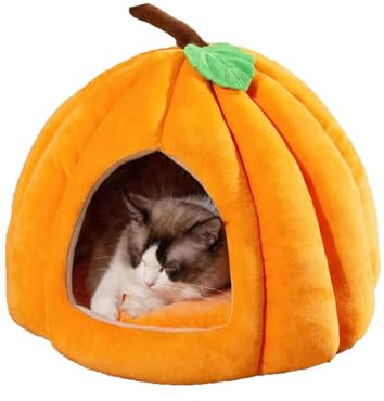 Kürbis-Katzenbett, Kürbis-Katzenhöhle, Halloween-Katzenbett, Katzenbetten für Indoor-Katzen, niedliches Kürbisförmiges Katzenzelt mit abnehmbarem Kissen, halbgeschlossene Haustierhütte für Kätzchen,