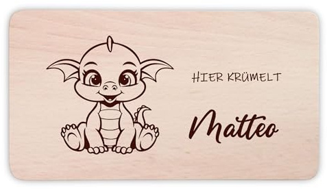 Bebibee - Personalisiertes Holz-Frühstücksbrettchen für Kinder – Schneidebrett mit Namen graviert und niedlichem Motiv – Baby Drache – Geschenkidee für Geburtstage, Weihnachten & Einschulung