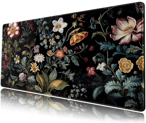 Grand tapis de souris de jeu pour ordinateur portable, tapis de clavier XL, Noir, 80 x 30 cm, motif floral sur fond sombre