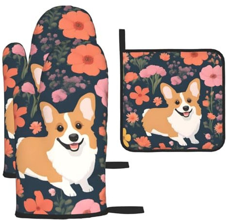 YYHHAOFA Lot de 3 maniques et maniques imperméables et durables pour isolation thermique et anti-brûlure Motif fleurs Corgi