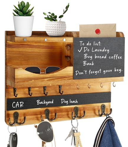 JKOKPMG Schlüsselbrett Holz mit Ablage, schlüsselkasten Holz,Schlüsselhalter mit Edelstahlhaken,Schlüsselablage Wand, Schlüsselboard aus Buche,Schlüsselhaken Key Holder Modern