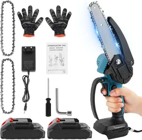 Mini Tronçonneuse à Batterie 7500mAh, 6 Pouces Tronconneuse Électrique,21V Tronçonneuse sur Batterie, Vitesse de coupe 5 m/s pour Tronçonneuse à Main l'élagage le Jardin la Coupe du Bois (2 Batteries)