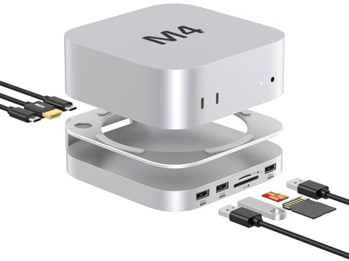 AKKYAJAURE Mac mini-Hub: 10-in-1 Aluminium-Ständer und Dock für Mac mini M4 Pro mit M.2 NVMe SSD-Gehäuse, 4K60hz HDMI, 10 Gbit/s USB-A x 2, SD/TF-Kartenleser, USB 2.0