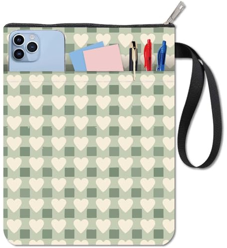 CRASPIRE Funda de Libro con Diseño de Corazón Funda de Libro A Cuadros Verdes Funda Protectora para Libros de Bolsillo Funda de Tela Lavable con Cremallera Y Bolsillo Adicional para Amantes