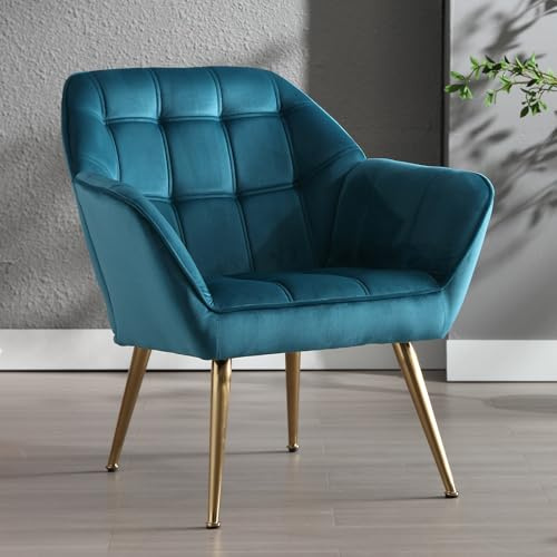 Ya-Home Sessel Wohnzimmer Ohrensessel mit Metallbeinen, Samt, Blau | Bequeme Armlehnen, dicke Schaumfüllung, massive Holzbeine, atmungsaktiver Leinenstoff, gepolsterter Lesesessel