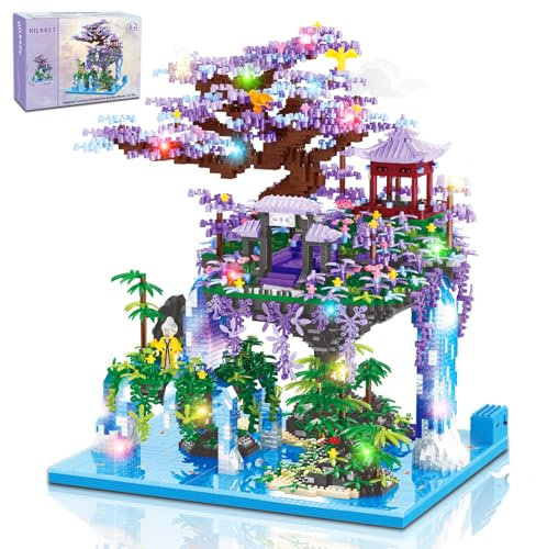 HILKKET Sakura Baumhaus Bauklötze Kit, 4574 Teile Chinesische Architektur Bausteine mit Lichter, Feenpavillon Micro Mini Bausteine, Sakura Baumhaus Lichter Baukasten mit Geschenkbox