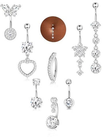 Milacolato Piercing Ombelico Acciaio Chirurgico, Set di 8 Argento Navel Piercings, Gioielli Pendenti per la Cute Fiore, Cuore e Farfalla, Gioielli per Gioiello per l'Addome Clicker per Donne