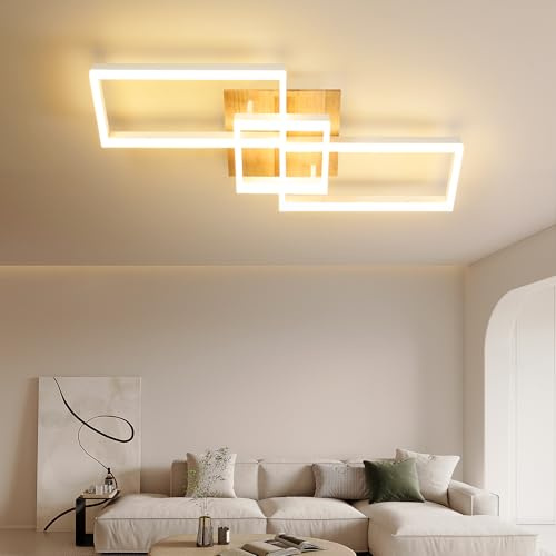 zenlavia LED Deckenleuchte 48W Dimmbar mit Fernbedienung – Moderne Deckenlampe in Geometrischem Design & Holzoptik, 79x40cm, 4800lm, 3000-6500K, Timer, Memory, Nachtlicht für Wohnzimmer Schlafzimmer