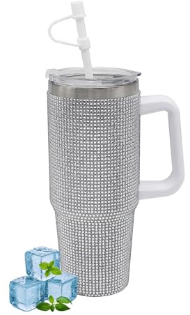 Lesser & Pavey Thirsteez Silver Diamante Drinks Cup for Hot Or Cold Drinks | Large Thermal Travel Mug with Lid & Straw for Office, Gym, Home Or Travel | Insulated Tumbler Coffee Cups for Daily Use