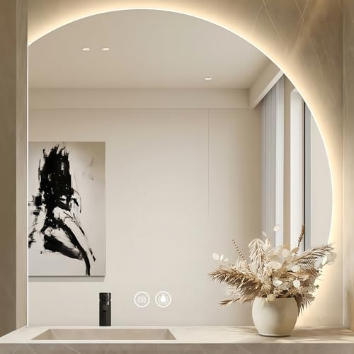 GXSDYYDS Specchio Bagno con Luce 90×90CM Specchio-Bagno-LED con 3 Colori Luce, Dimmerabile, Antifog, IP54 Vetro Temperato HD Specchio Retroilluminato Bagno Semicircolare, Funzione Memoria(A, 90×90CM)