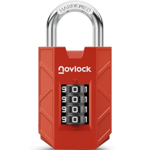 NOVLOCK Lucchetto a combinazione a 4 cifre – robusto e sicuro – arco in acciaio temprato da 7 mm – per armadietti, armadi, cancelli, recinzioni e capanni – 1 pezzo, rosso